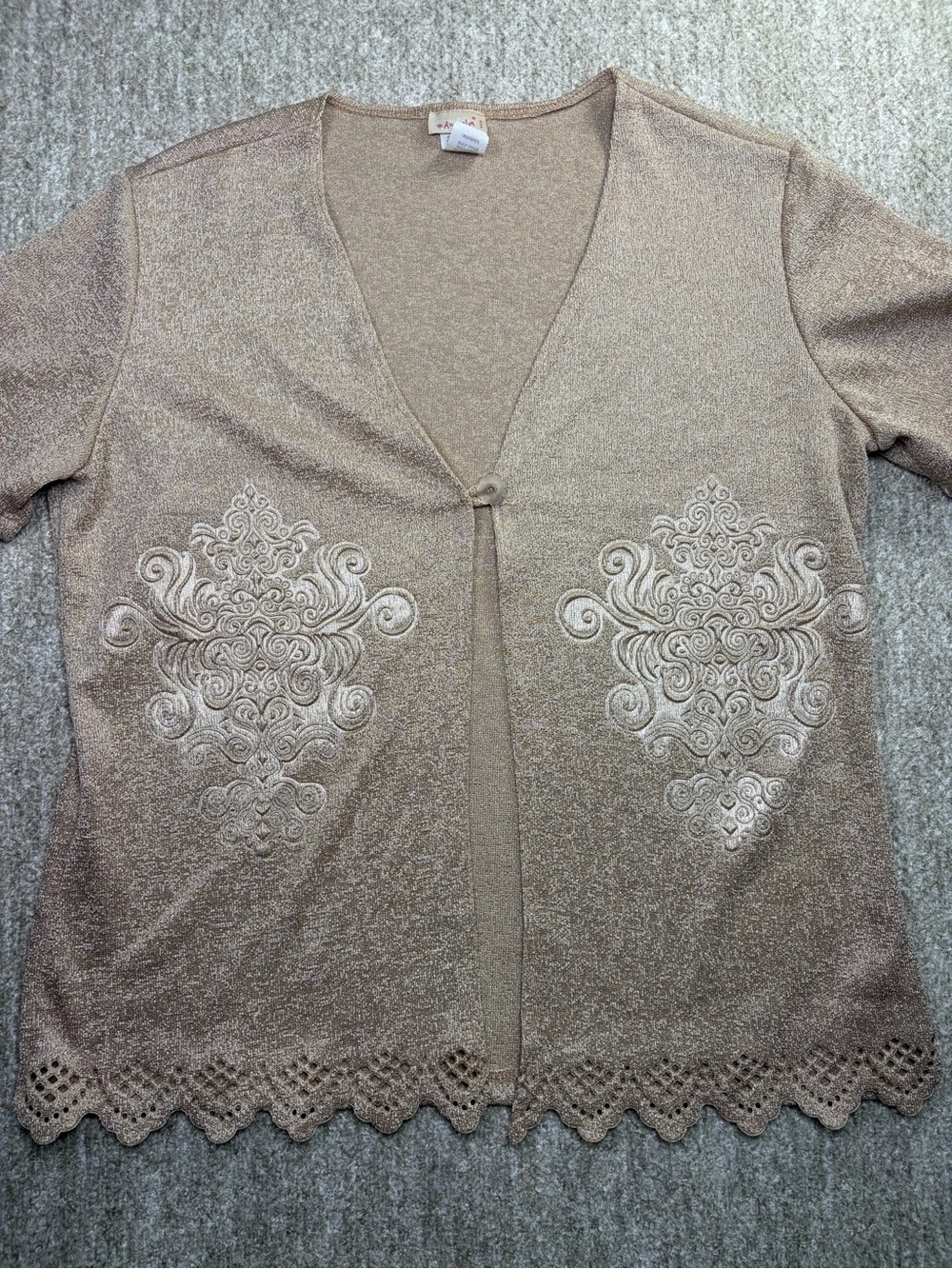 Y2K Shimmering Gold Damask Scroll Shrug Jacket Scalloped Hem USA Made